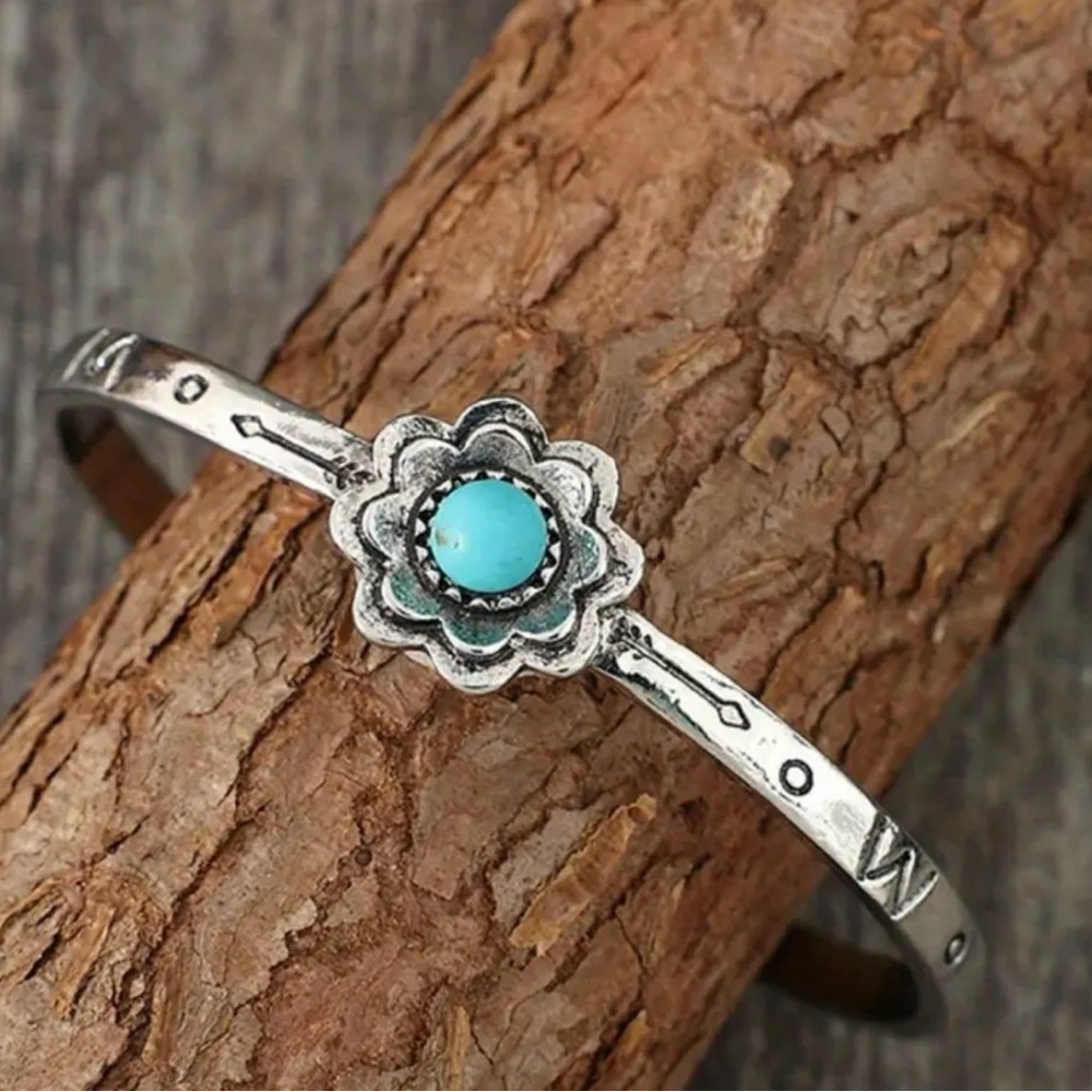 Silver Plated Floral Boho Bracelet with Turquoise Accent - Picture 5 of 5